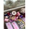 Image 2 : VINTAGE SEWING BASKET WITH RIBBON LACE AND WOODEN SPOOLS