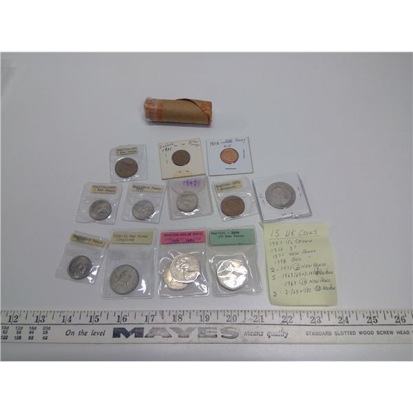 Bag of 15 UK Various Coins 1957 to 1998 and 1 Roll of 40 - 10 Pence Coins