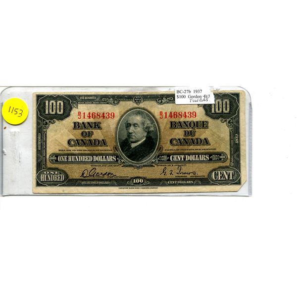 1937 K.G. $100 Bill Very Good+ Condition