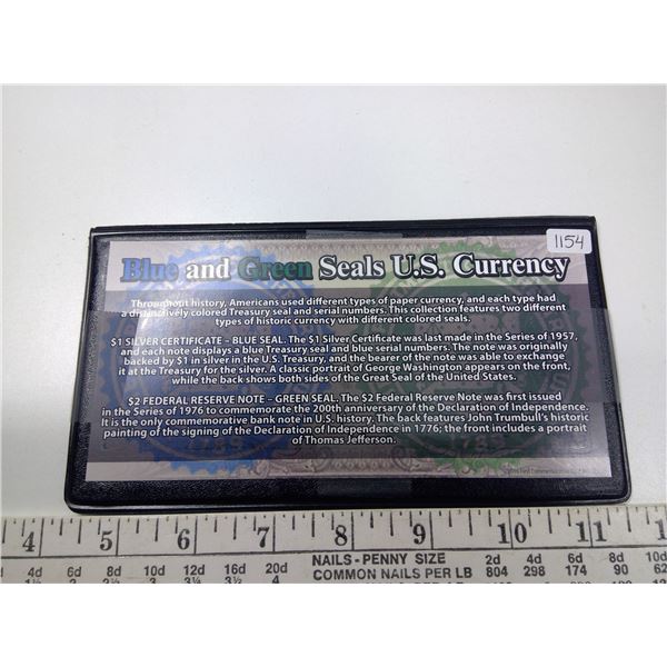 Blue & Green Seals U.S. Currency. Includes 1957A $1 Blue Seal Silver Certificate and 2013 $2 Green S