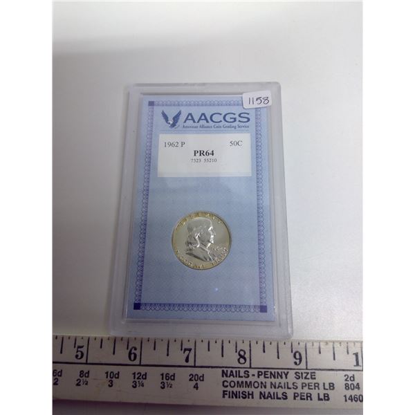 U.S. 1962 Ben Franklin Silver 50 Cents. Certified and graded Proof-64 by AACGS.