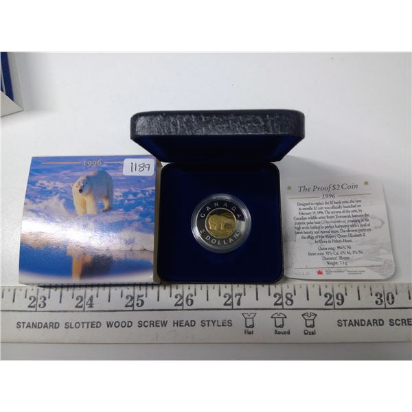 1996 Proof Polar Bear Toonie. First year of issue of the new denomination.  In black case of issue.