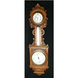 Victorian Oak Thermometer, Barometer and Clock.  42" x 12"
