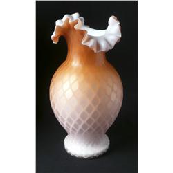 Amber/white satin glass ruffle toped vase