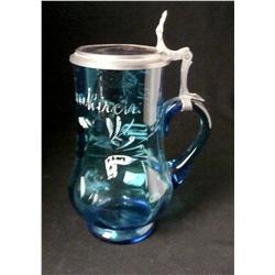 Blue glass w/ white painted lettering stein