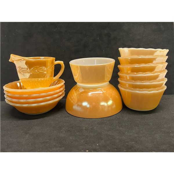13 Pcs Fire King Peach Lustre Glass Dishes - Mixed Lot