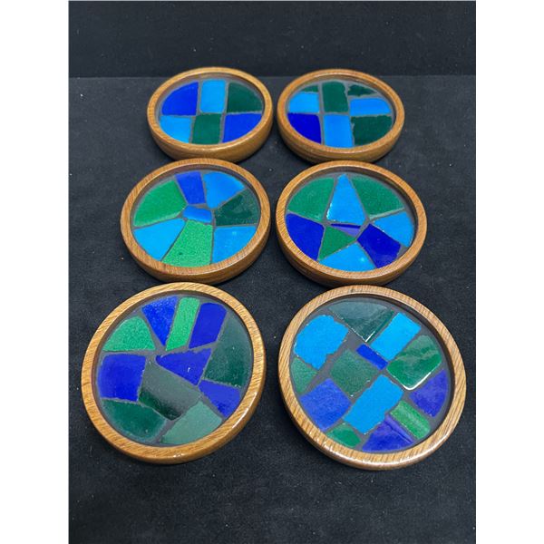 6 Mid Century Wood / Mosaic Tile Drink Coasters 3.5"