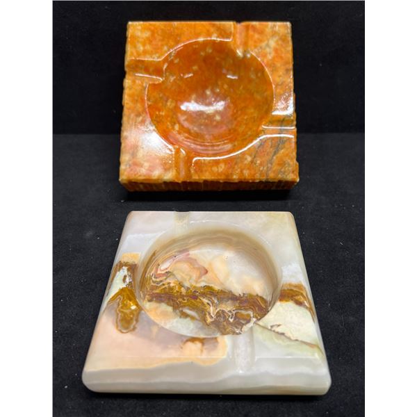 2 Vintage Alabaster & Onyx? Ashtrays (larger approx: 4.75 x 4.75" )