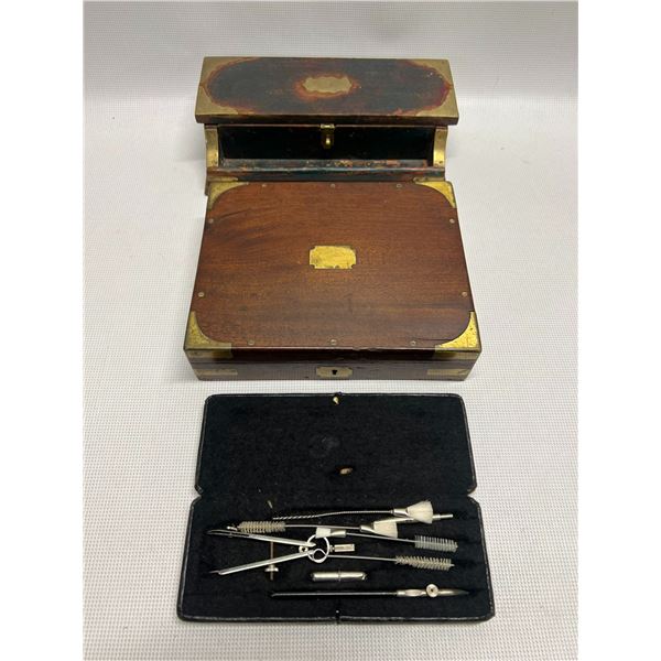 2 Wooden Pen Holders / Desk Organizer Boxes & Instrument Set (largest approx: 6.25 x 8" )