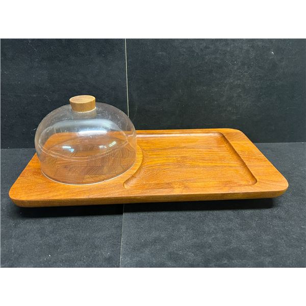Vintage Mandalay Genuine Teak Serving Tray / Cheese Tray - Plastic dome (approx: 15x8")