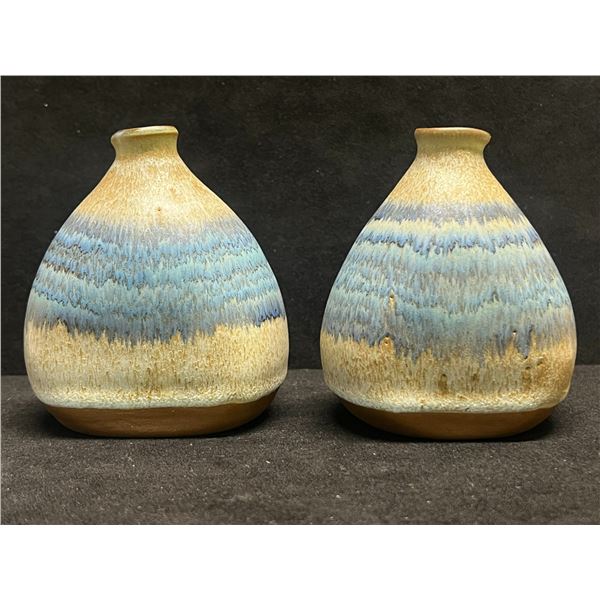 2 Signed Kamini Studio Art Pottery Bud Vases / small bottles? Approx: 4"T 3.5"W