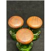 Image 2 : 3 Mid Century Green Storage Jars with Wood Tops - Smaller (approx: 3.75"T 2"W)