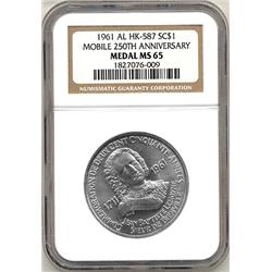 1961 MOBILE AL 250th ANNIVERSARY SILVER MEDAL, HK-587, NGC NS65, R-3