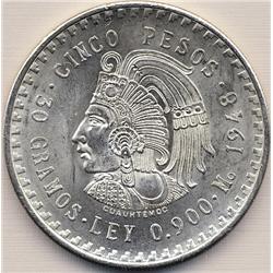 1948 MEXICO SILVER CINCO PESOS-MS65