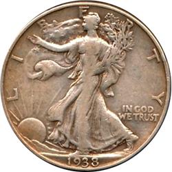 RARE KEY DATE 1938-D US SILVER WALKING LIBERTY-F/XF