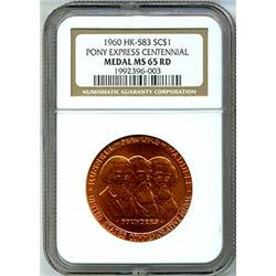 1960 PONY EXPRESS CENTENNIAL SO CALLED DOLLAR, HK-583, R-1, NGC MS65 RED