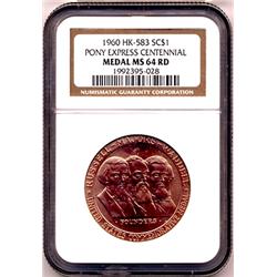 2-1960 PONY EXPRESS CENTENNIAL SO CALLED DOLLAR, HK-583, R-1, NGC MS64 RED
