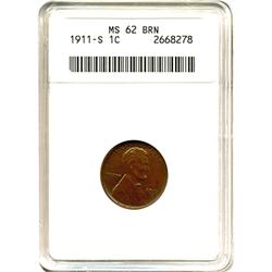 BETTER DATE 1911-S US LINCOLN SMALL CENT-ANACS MS62 BN