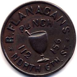c. 1863 R. FLANAGANS PUNCH/PURE COPPER TRADE TOKEN-PHILY, PA UNC