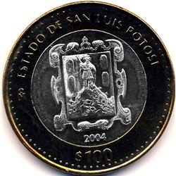 2004-Mo MEXICO SILVER $100 BIMETAL SAN LUIS POTOSI COMMEMORATIVE-MS63