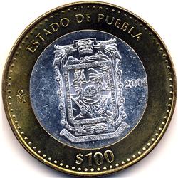 2004-Mo MEXICO SILVER $100 BIMETAL PUEBLA COMMEMORATIVE-MS63