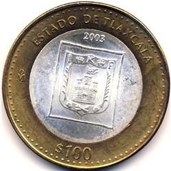 2003-Mo MEXICO SILVER $100 BIMETAL DETLAXCALA COMMEMORATIVE-MS63