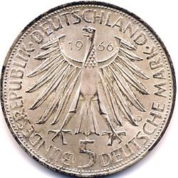 1966-D GERMAN ANNIVERSARY SILVER 5 MARKS-PROOF