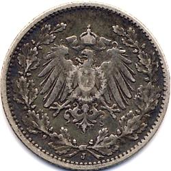1905-J GERMAN SILVER 1/2 MARK-CIRC