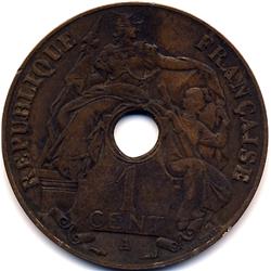 VERY RARE 1931-A FRENCH INDO-CHINA BRONZE CENT TORCH PRIVY MARK-AU55