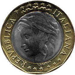 1997-R ITALY 1000 LIRE BI METAL MAP ERROR COIN-MS65