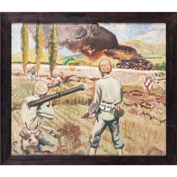 WWII US SOLDIERS SHOOTING TANK PAINTING