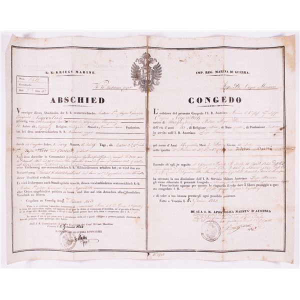 DISCHARGE CERTIFICATE AUSTRIAN NAVY 1843