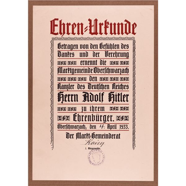 HITLER HONORARY CITIZENSHIP CERTIFICATE