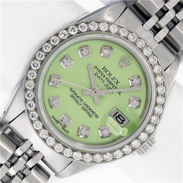 Rolex Ladies Stainless Steel Green Diamond Datejust Wristwatch
