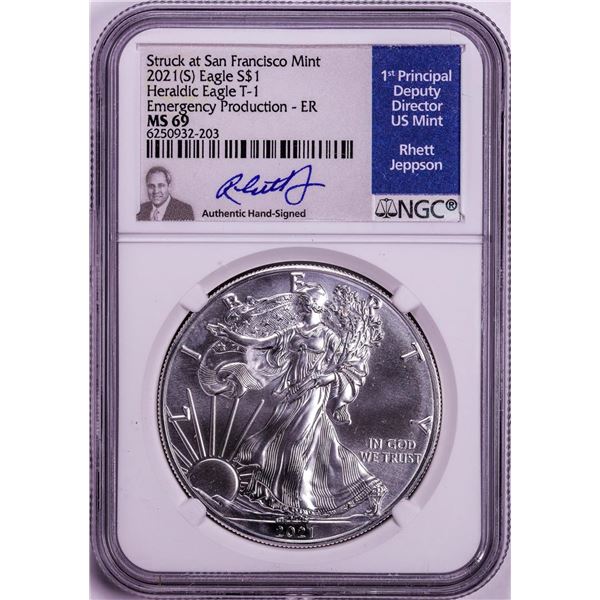 2021(S) Ty. 1 $1 American Silver Eagle Coin NGC MS69 Jeppson Signed Emergency Release
