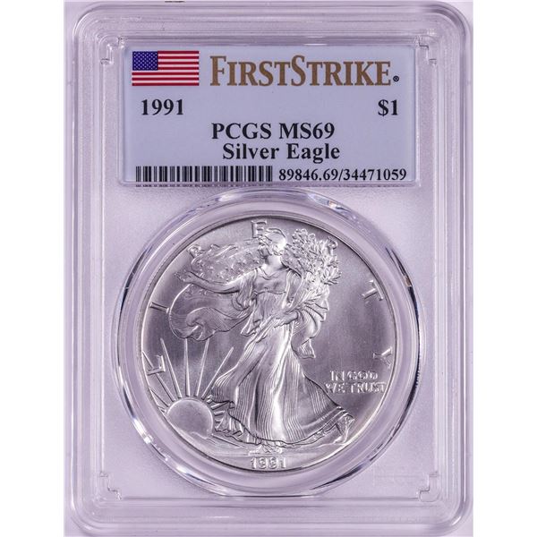 1991 $1 American Silver Eagle Coin PCGS MS69 First Strike