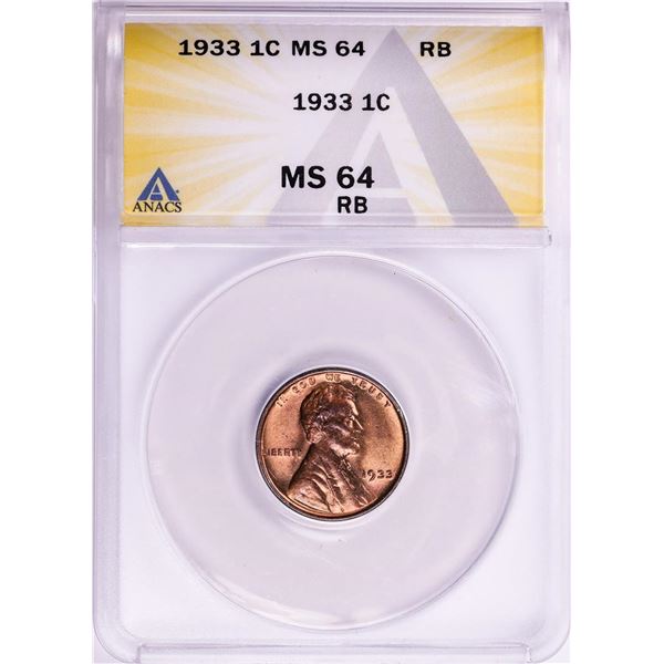 1933 Lincoln Wheat Cent Coin ANACS MS64 RB
