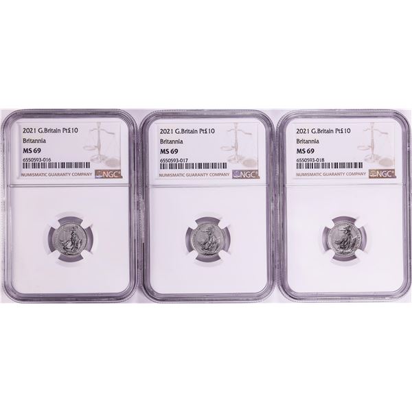 Lot of (3) 2021 Great Britain 10 Pounds Britannia 1/10oz Platinum Coins NGC MS69