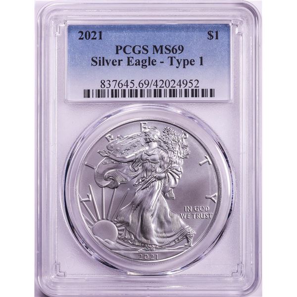 2021 Type 1 $1 American Silver Eagle Coin PCGS MS69
