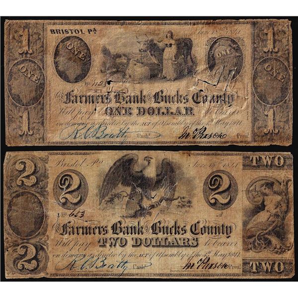 Lot of 1841 $1 & $2 Farmers Bank of Bucks County Bristol, PA Obsolete Bank Notes