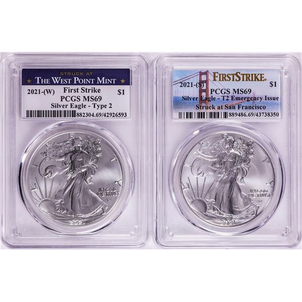 Lot of 2021-(S) & (W) Type 2 $1 American Silver Eagle Coins PCGS MS69 First Strike