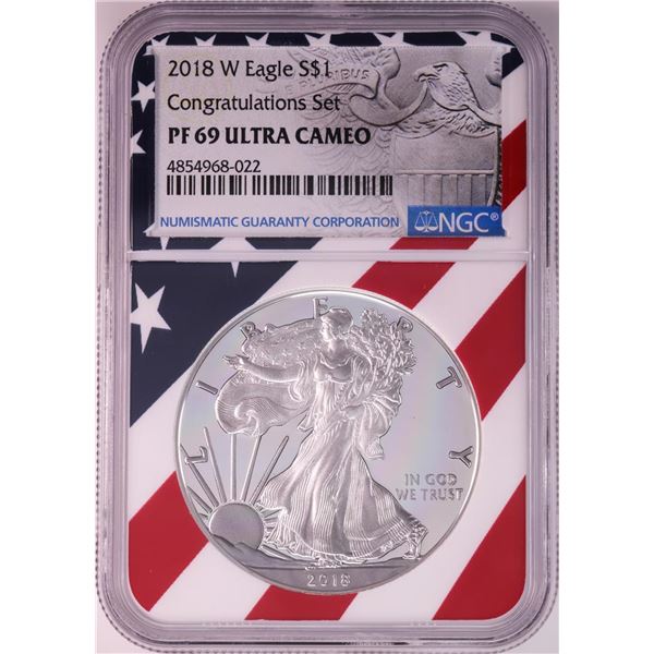 2018-W $1 Proof American Silver Eagle Coin NGC PF69 Ultra Cameo Congratulations Flag