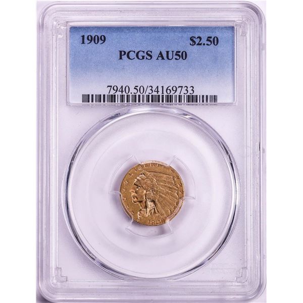 1909 $2 1/2 Indian Head Quarter Eagle Gold Coin PCGS AU50