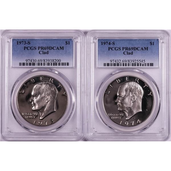 Lot of 1973-S & 1974-S $1 Proof Eisenhower Clad Dollar Coins PCGS PR69DCAM