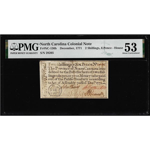 December 1771 North Carolina Two Shillings Colonial Note PMG About Uncirculated 53