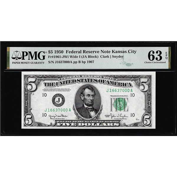 1950 $5 Federal Reserve Note Kansas City Fr.1961-J Wide PMG Choice Uncirculated 63EPQ