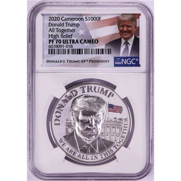 2020 Cameroon 1000 Francs High Relief Donald Trump Silver Coin NGC PF70 Ultra Cameo