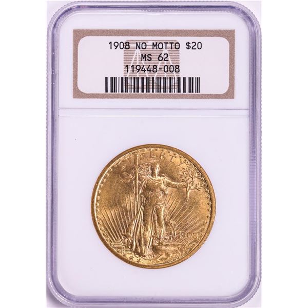 1908 No Motto $20 Saint Gaudens Double Eagle Gold Coin NGC MS62