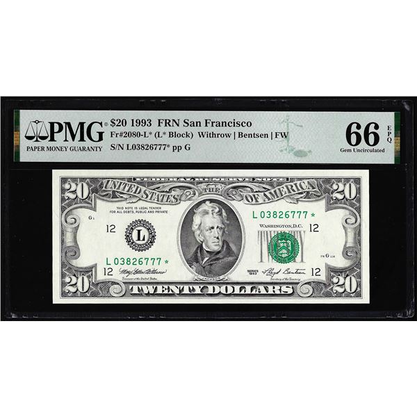 1993 $20 Federal Reserve Star Note San Francisco Fr.2080-L* PMG Gem Uncirculated 66EPQ