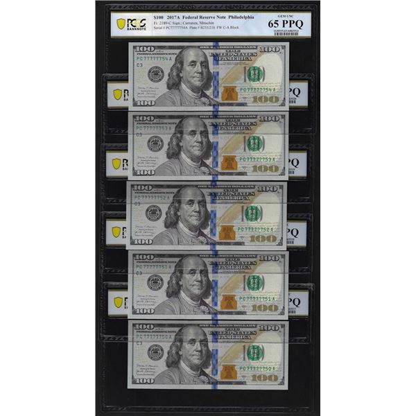 (5) Consec. 2017A $100 Federal Reserve Bank Notes PCGS Gem Unc. 65PPQ Fancy Serial